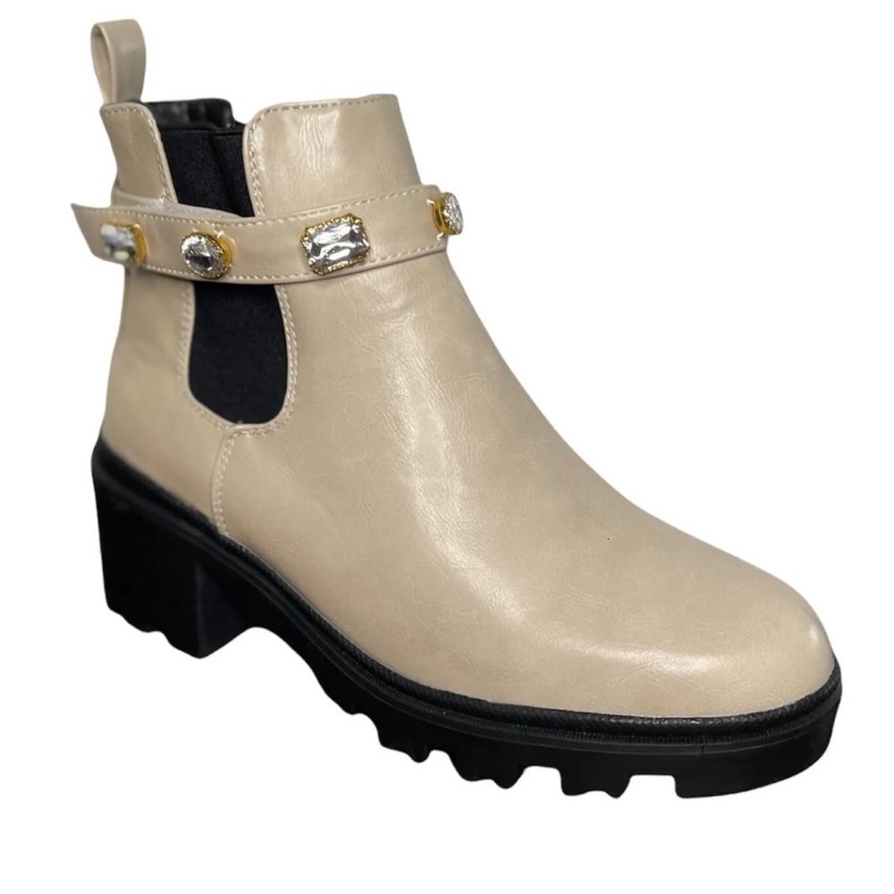 NWT NICOLE MILLER Bootie Beige Faux Leather Jeweled